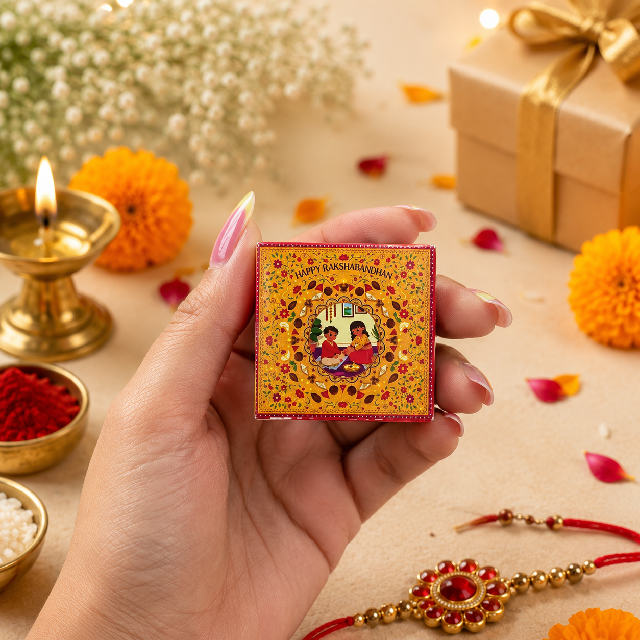 Tiny Treasures Square Rakhi Box pack of 10 (size 2 inch)