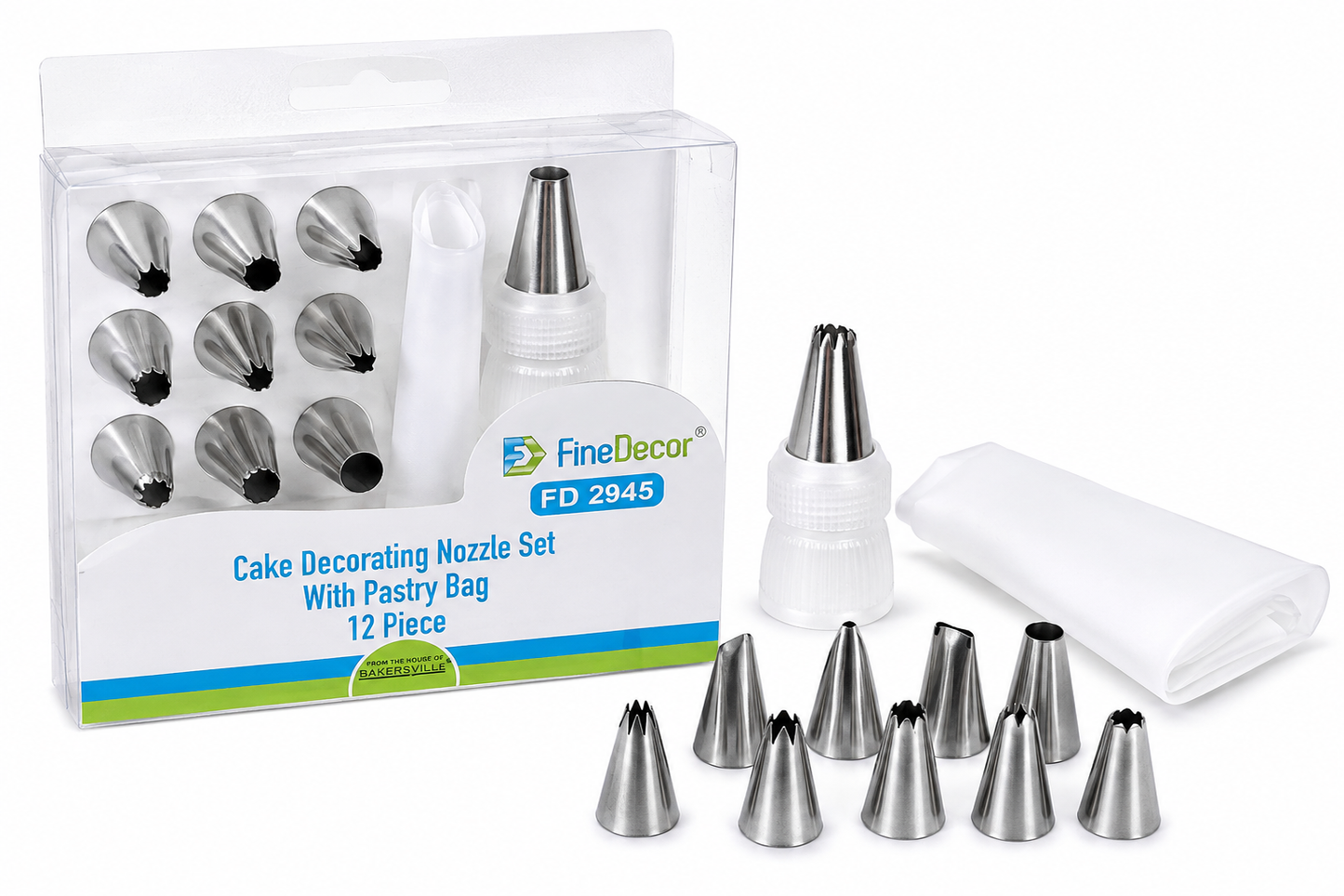 Finedecor Cake Decorating 12 pcs Nozzle Set With Pastry Bag (FD 2945)
