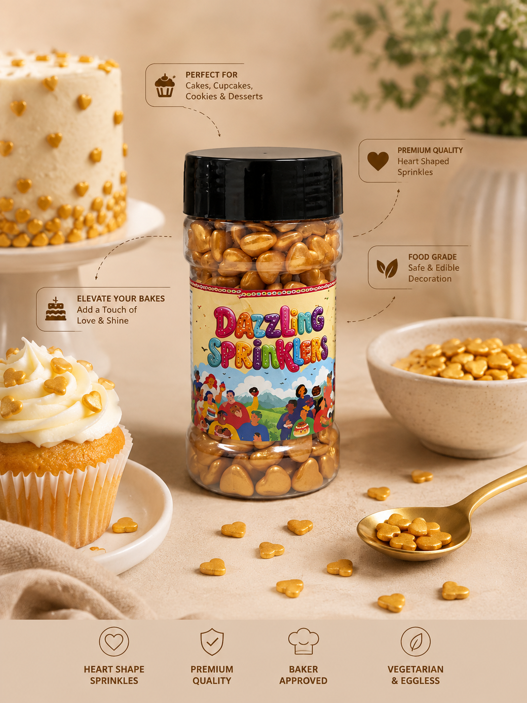 Pankraft Golden Heart Shaped Dazzling Sprinklers 100gm