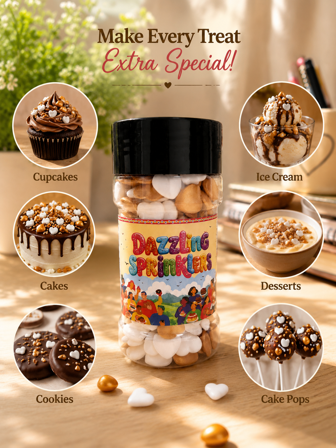 Pankraft White & Golden Heart Shape Dazzling Sprinklers 100gm