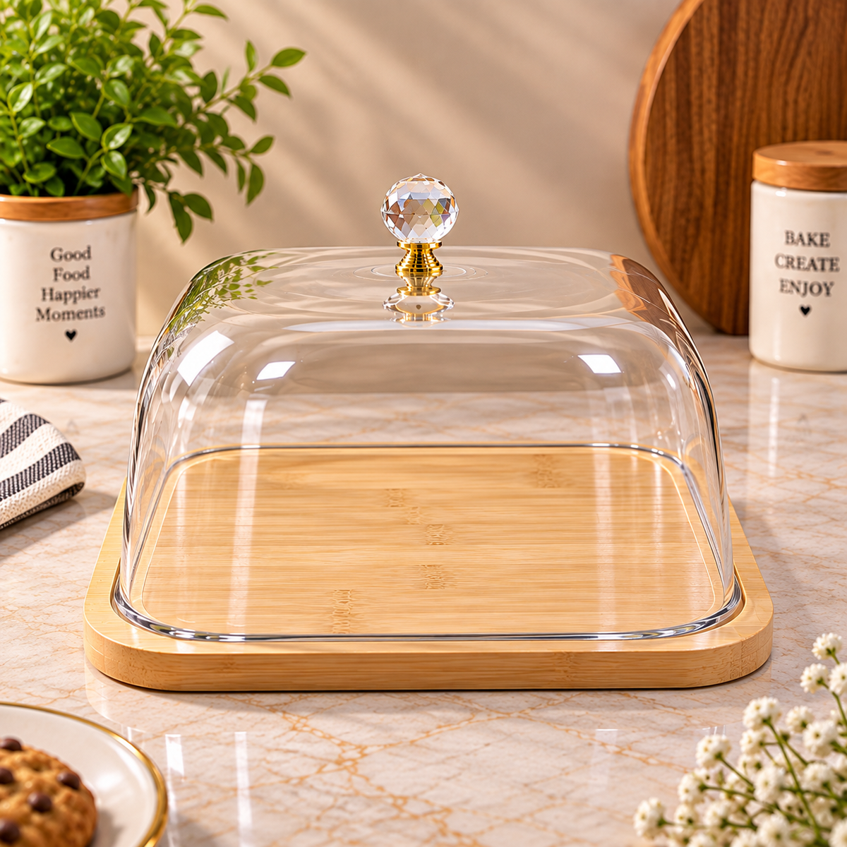 Crystal-Clear Bamboo Cake Dome Display (Size:-30x30x11cm)