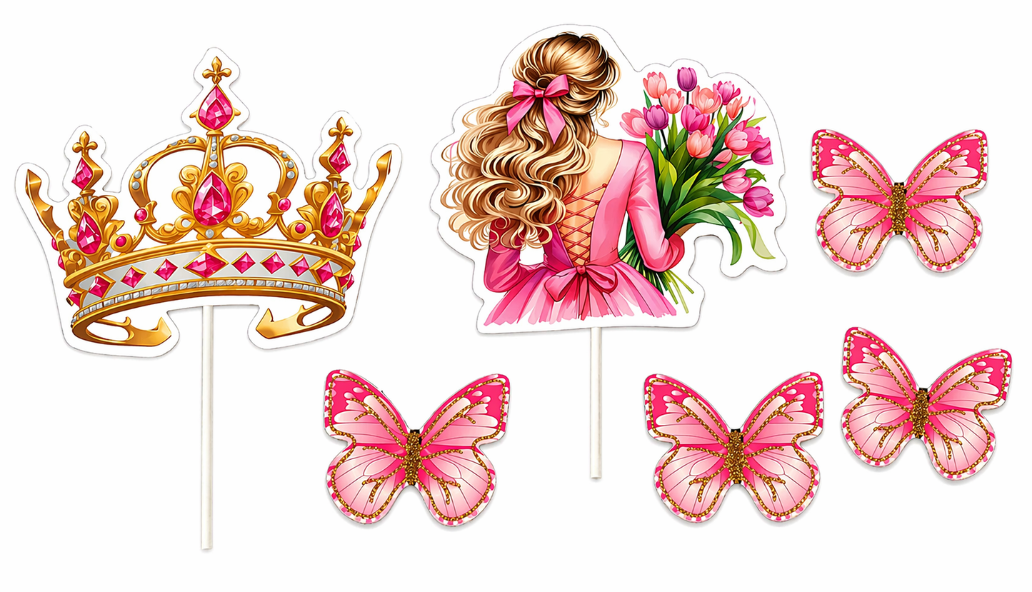 6 Pcs Princess Crown & Girl Cake Topper Set (Random Butterfly)