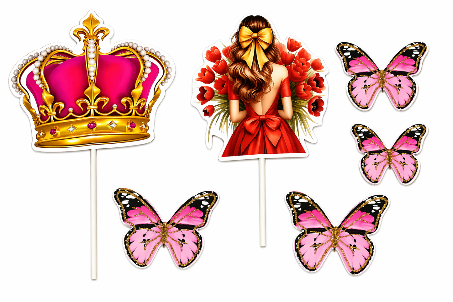 Princess Crown & Girl Cake Topper Set (Random Butterfly)