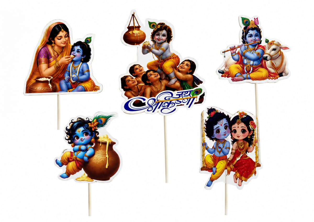 Janmashtami Theme Cake Topper Set - Krishna Devotional Party Decoration Kit