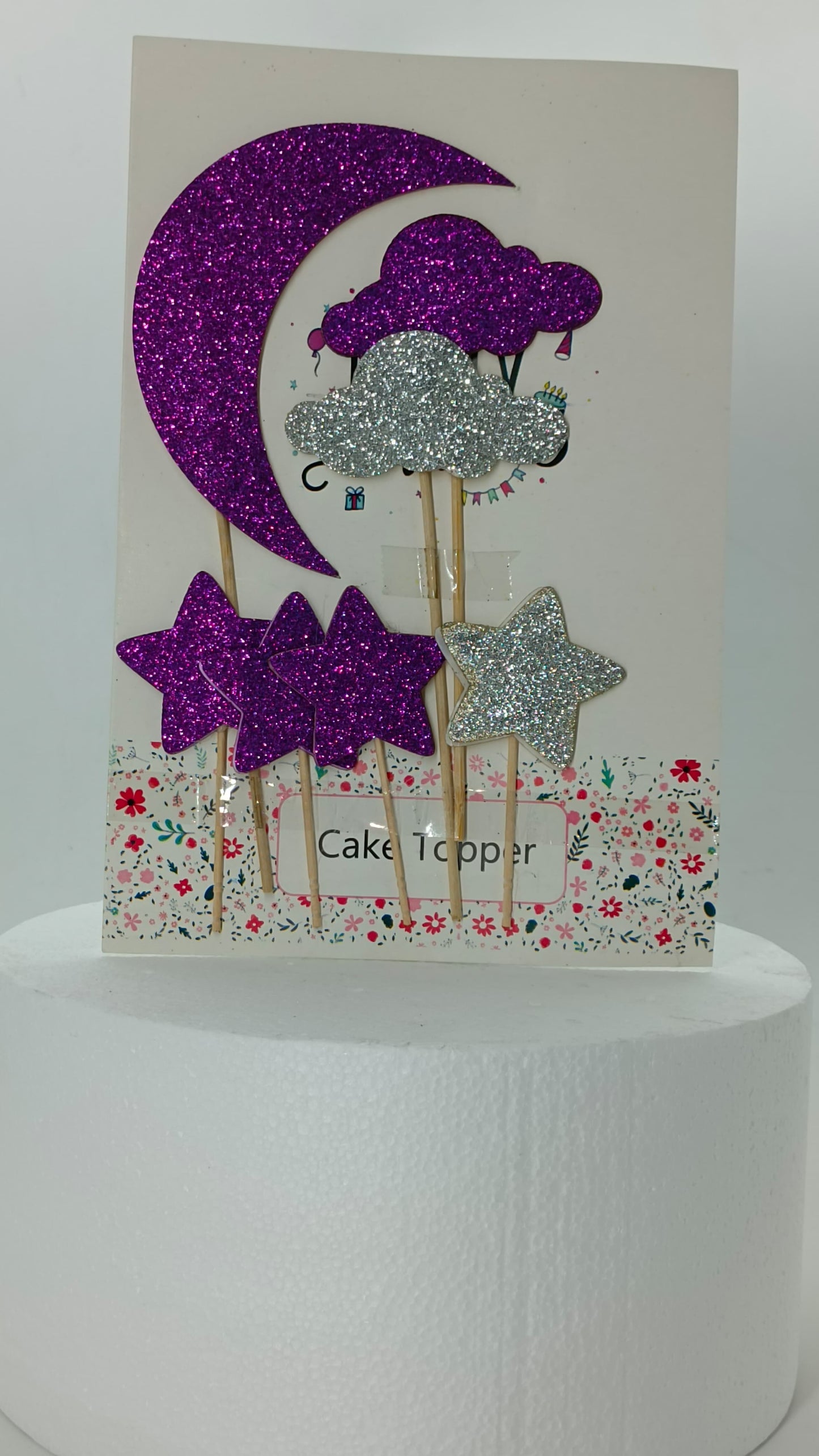 Glitter purple moon and stars Cake Topper