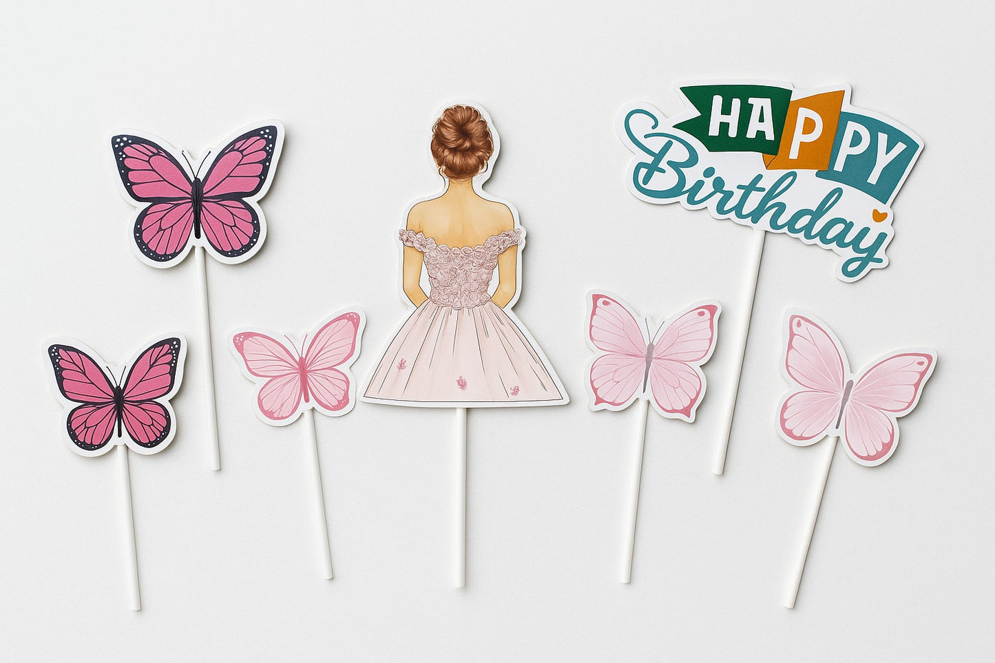 Princess Girl Pink Butterfly Cake Topper Set Of 6