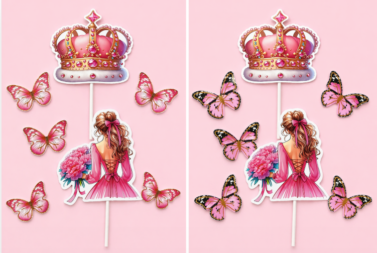 Pink Princess Crown & Girl Cake Topper Set (Random Butterfly)