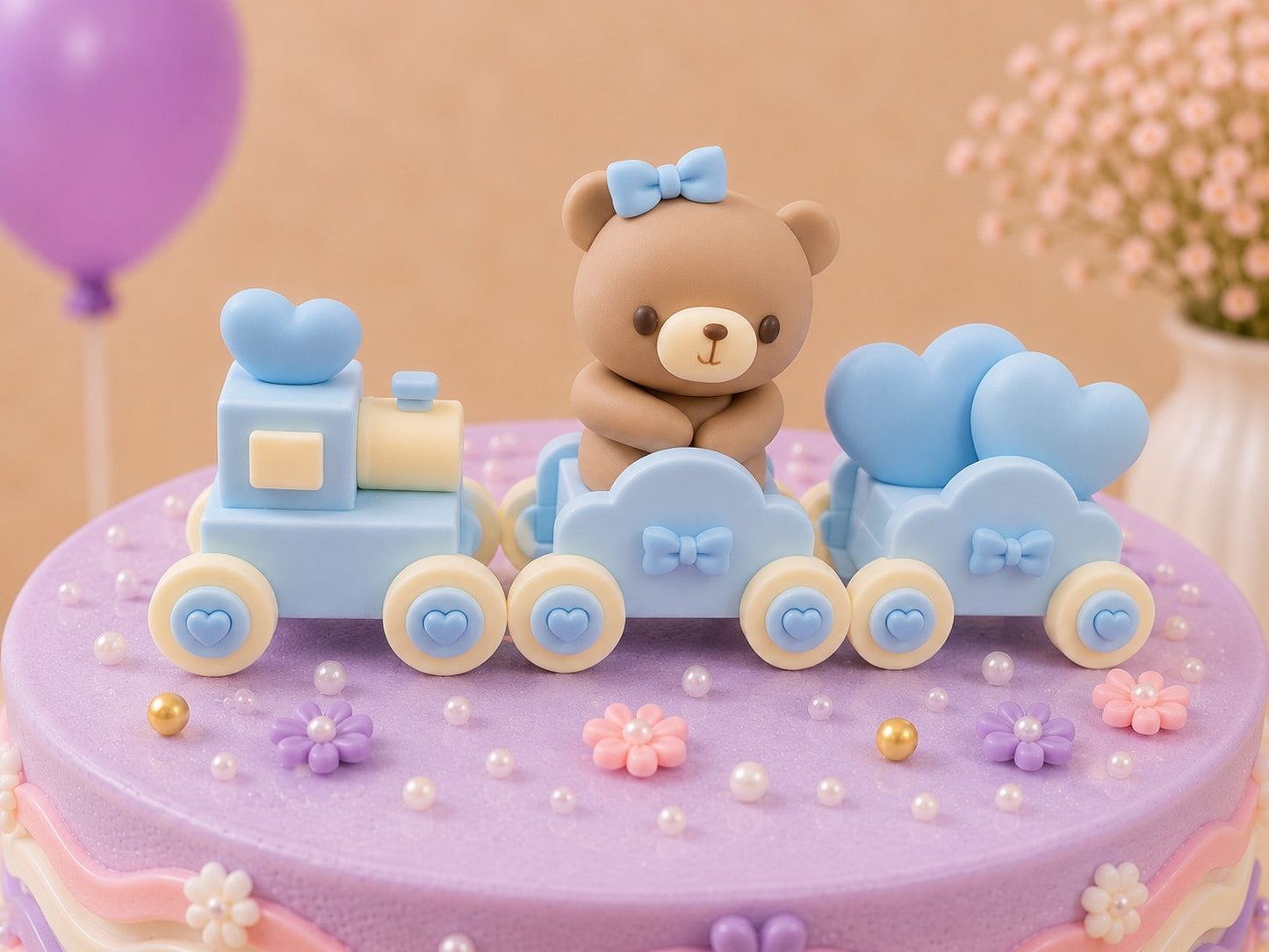 Cute Bear Heart Train Decor Blue Colour