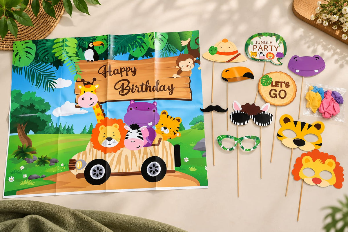 Happy Birthday Party Decoration Set with -(20pc Balloon, Poster 1pc ,Photo Props 10pc)