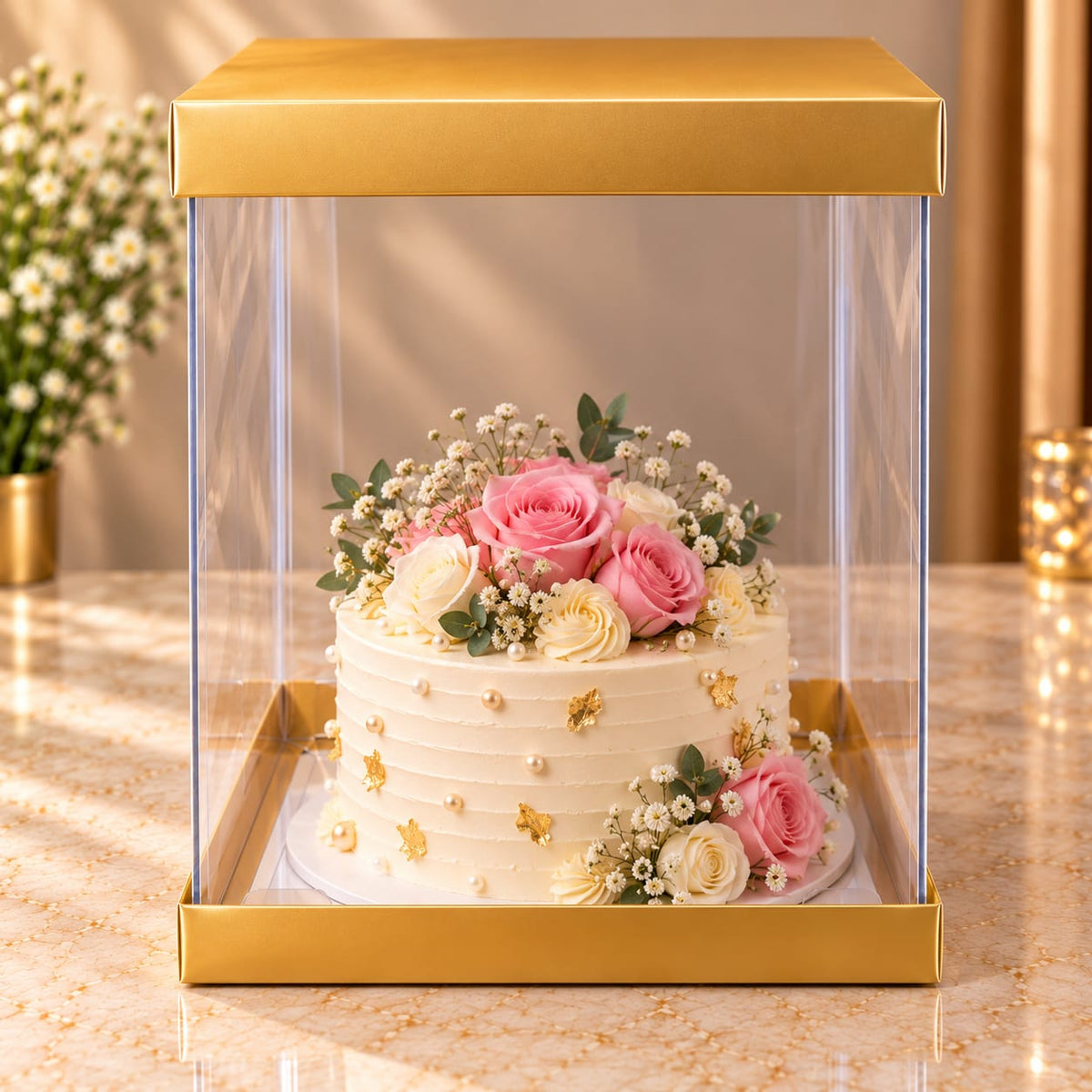 Transparent Golden Cake Box Size- 10*10*12 Inch