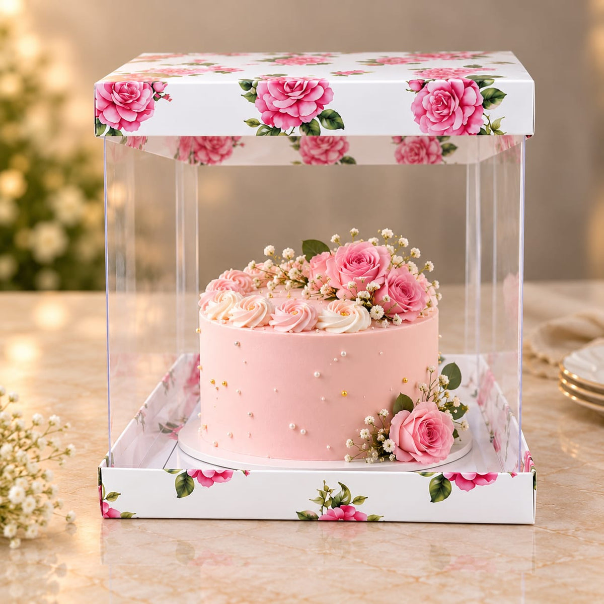 Transparent Floral Cake Box Size- 10*10*10 Inch