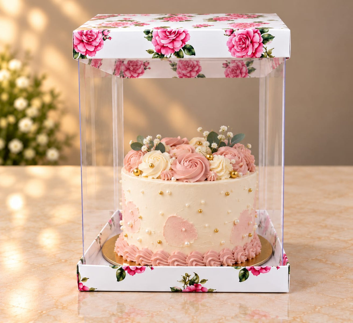Transparent Floral Cake Box Size- 10*10*12 Inch