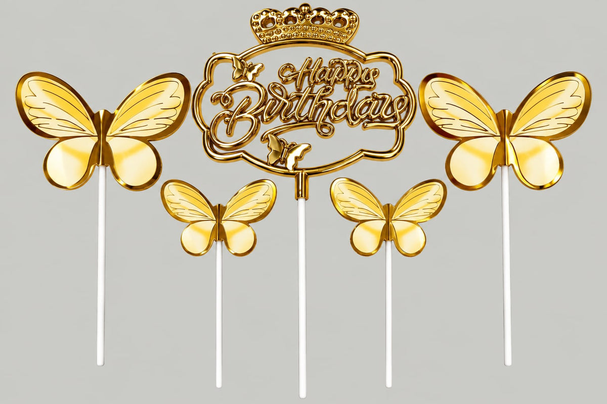 Premium Golden Happy Brithday Topper With Butterfly Set