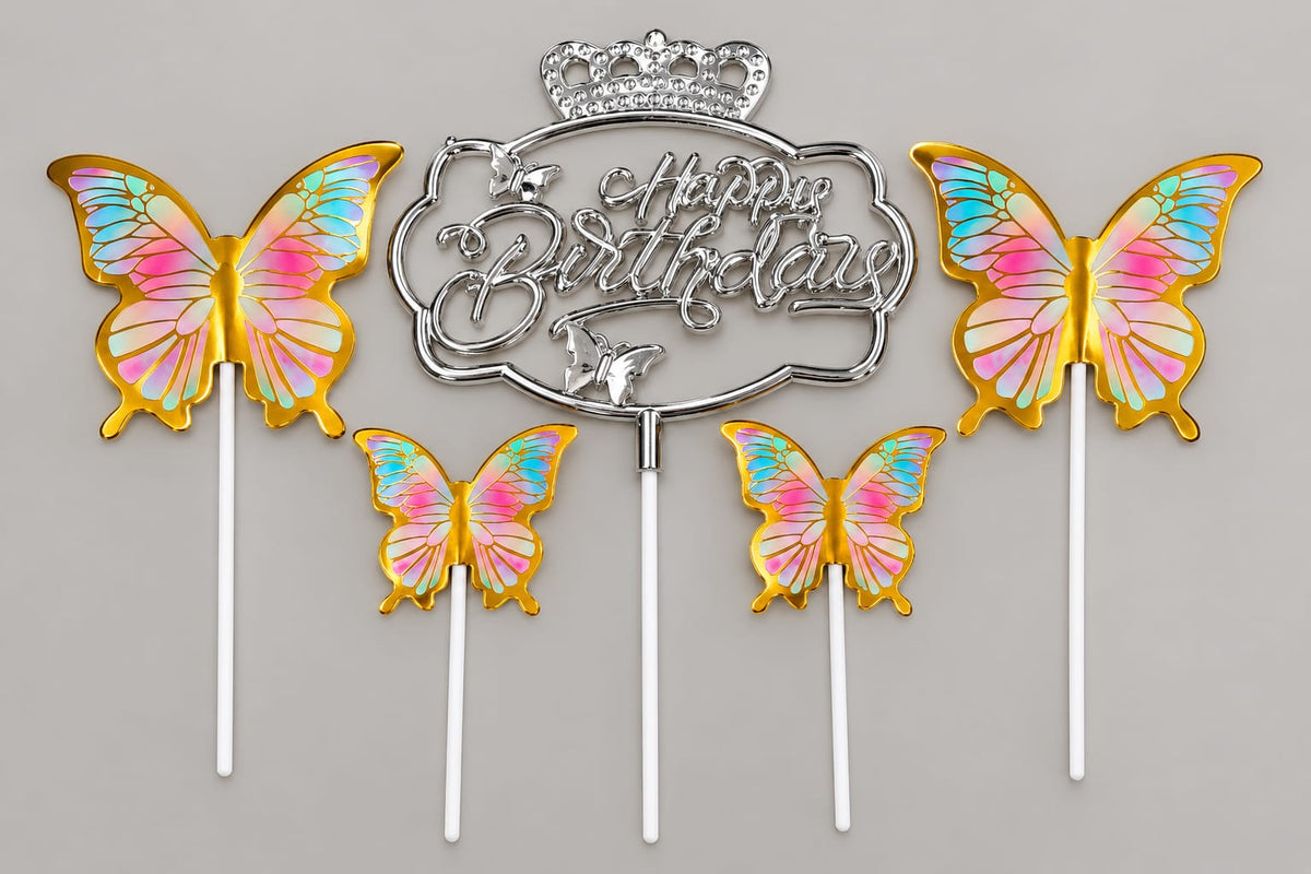Premium Silver Happy Brithday Topper With Butterfly Set