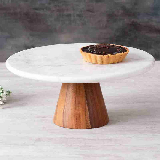 White Marble Cake Stand with Wooden Base