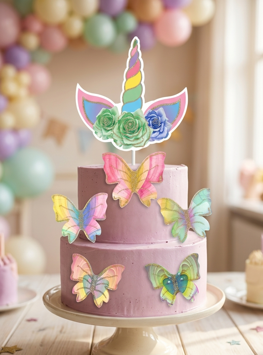 Unicorn glitter theme  topper with butterfly set of 6