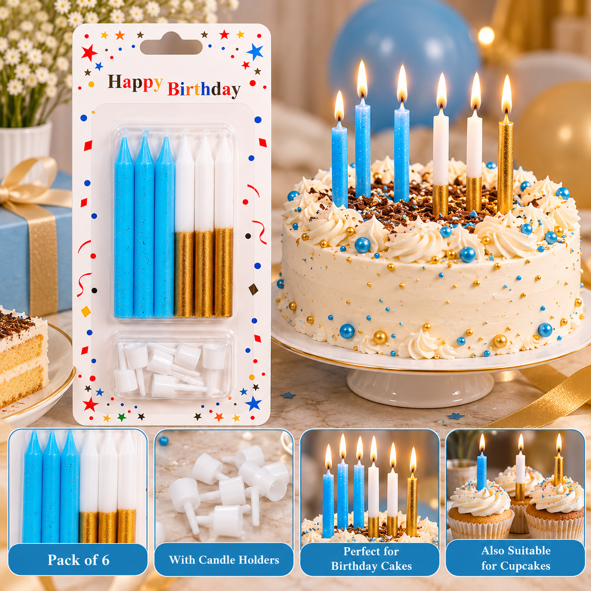 Blue & Gold Candles with Holders Set of 6