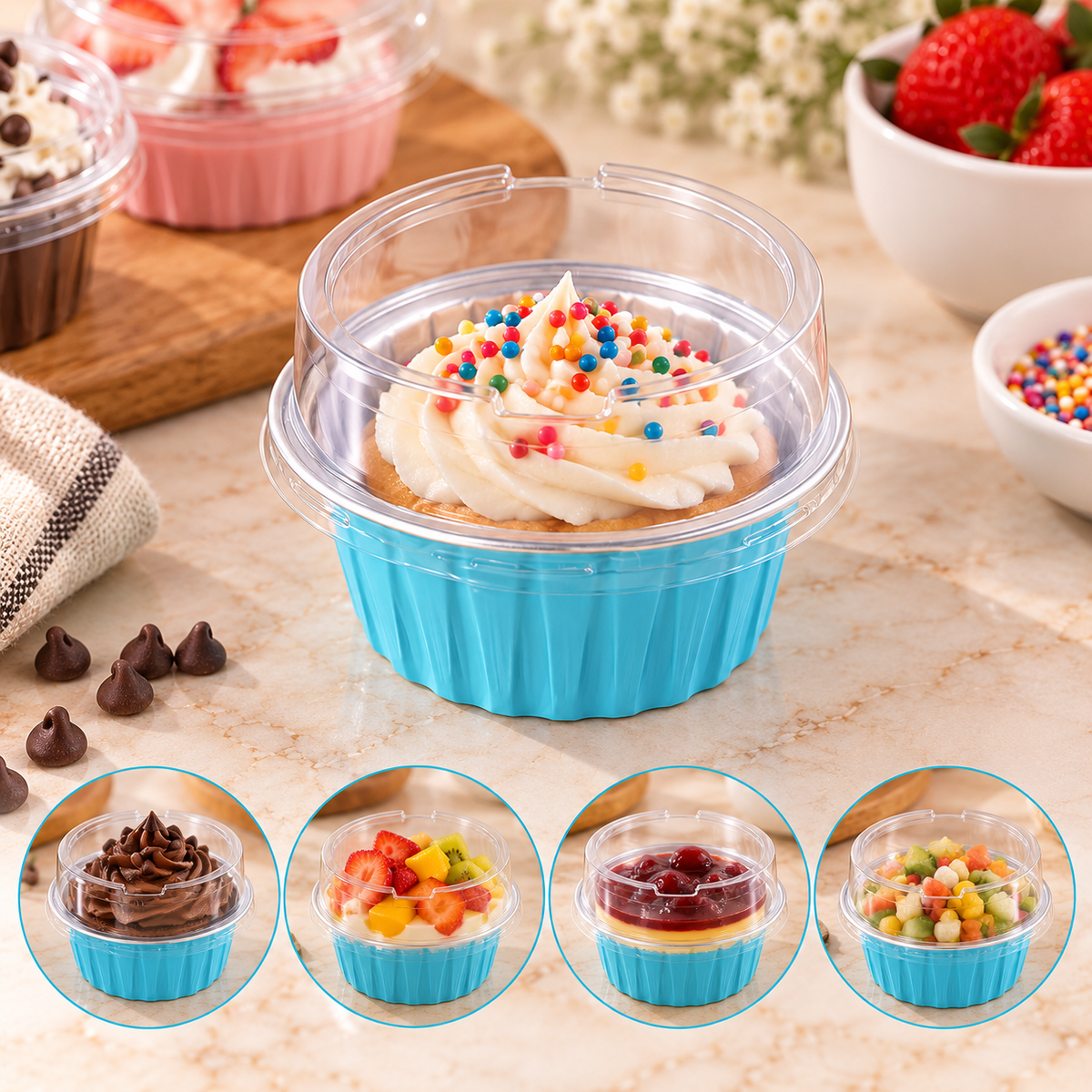 Sky Aluminum Foil Round Desserts Cupcake Pans with Lid Pack of 10 size-2.5/1.5