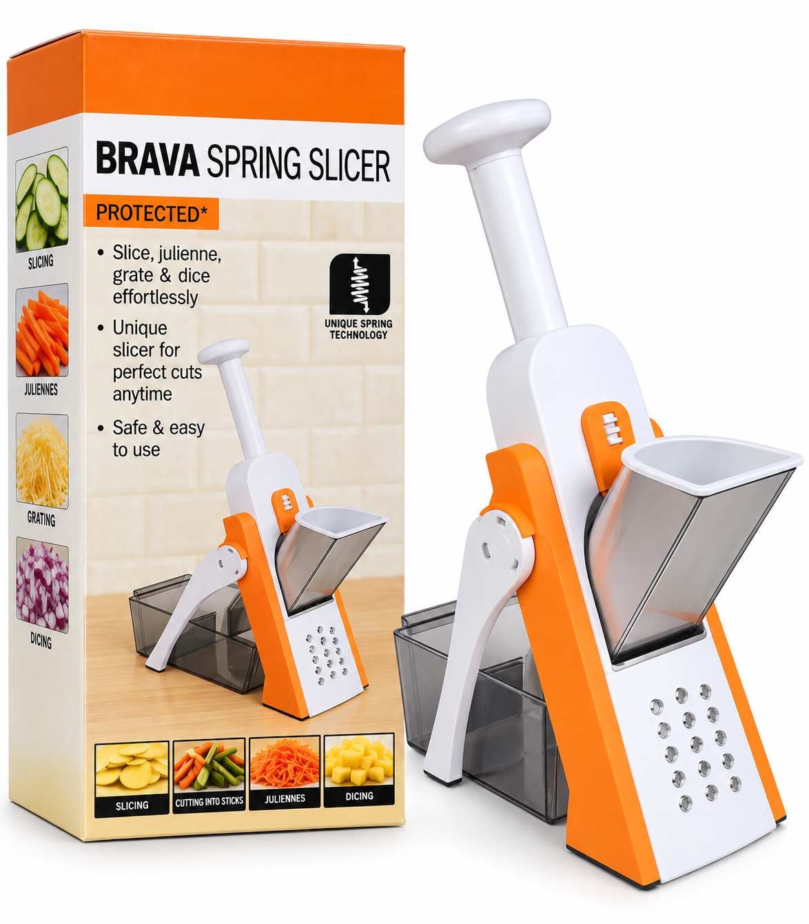 Brava Spring Slicer Vegetable Cutter, Multi-Function Vegetable Chopper with Container, Julienne, Slicing, Dicing & Grating Cutter for Kitchen