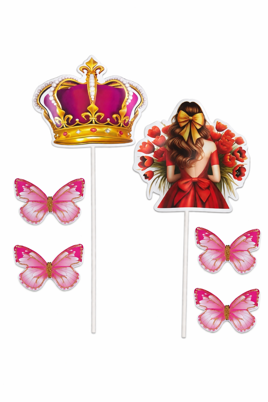 Princess Crown & Girl Cake Topper Set (Random Butterfly)