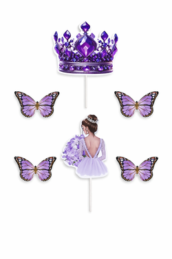 Purple Crown & Princess Cake Topper Set (Random Butterfly)