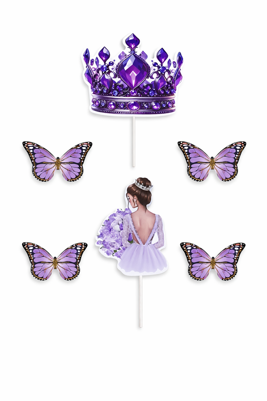 Purple Crown & Princess Cake Topper Set (Random Butterfly)