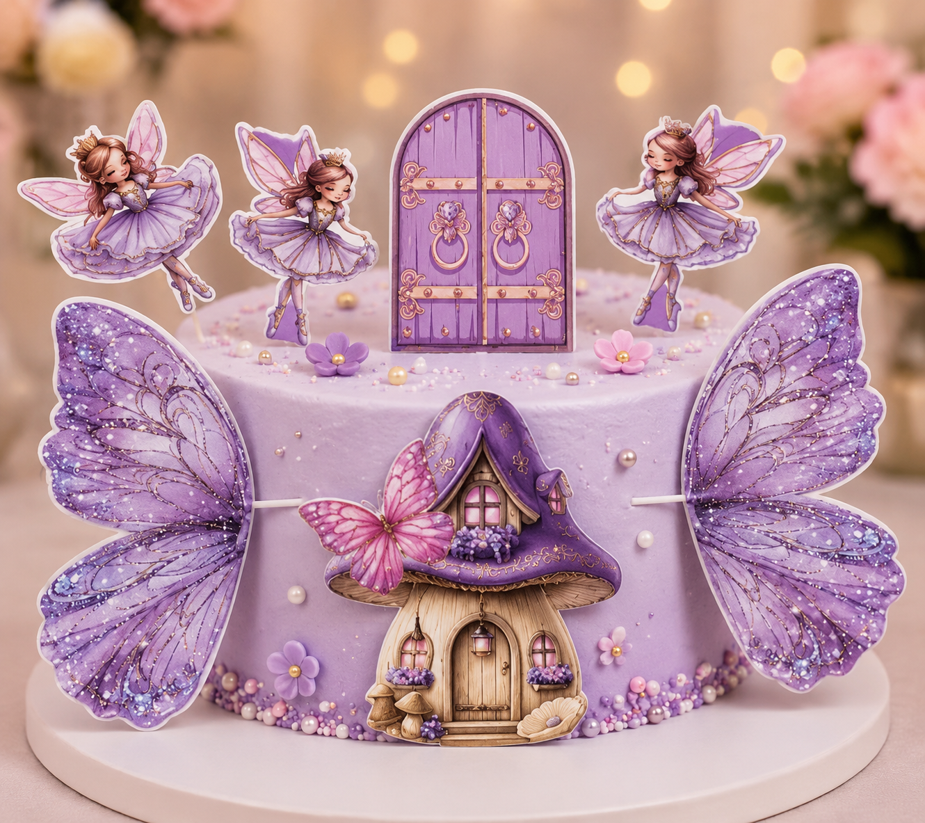 Lavender Fairy Theme Cake Topper Set with 3 Fairy Toppers & Butterfly Wings