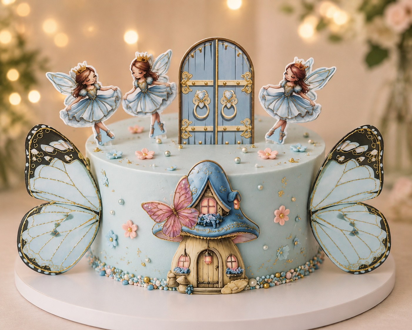 Fairy Door Cake Topper Set with Butterfly Wings & Mushroom House