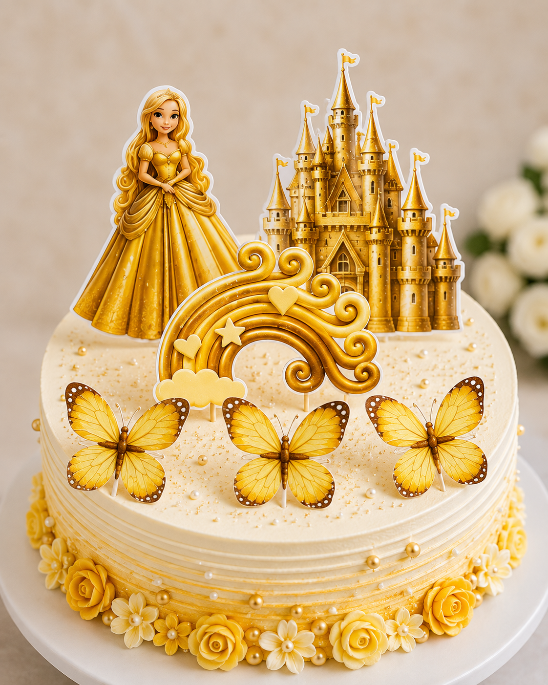 Golden Princess Castle Cake Topper Set with Rainbow, Princess, Castle, 3 Butterfly & Happy Birthday Topper
