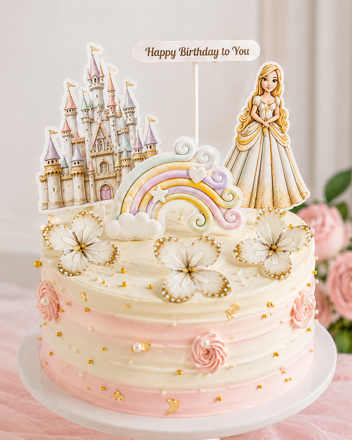 Princess Castle Cake Topper Set with Rainbow, Princess, Castle, 3 Butterfly & Happy Birthday Topper