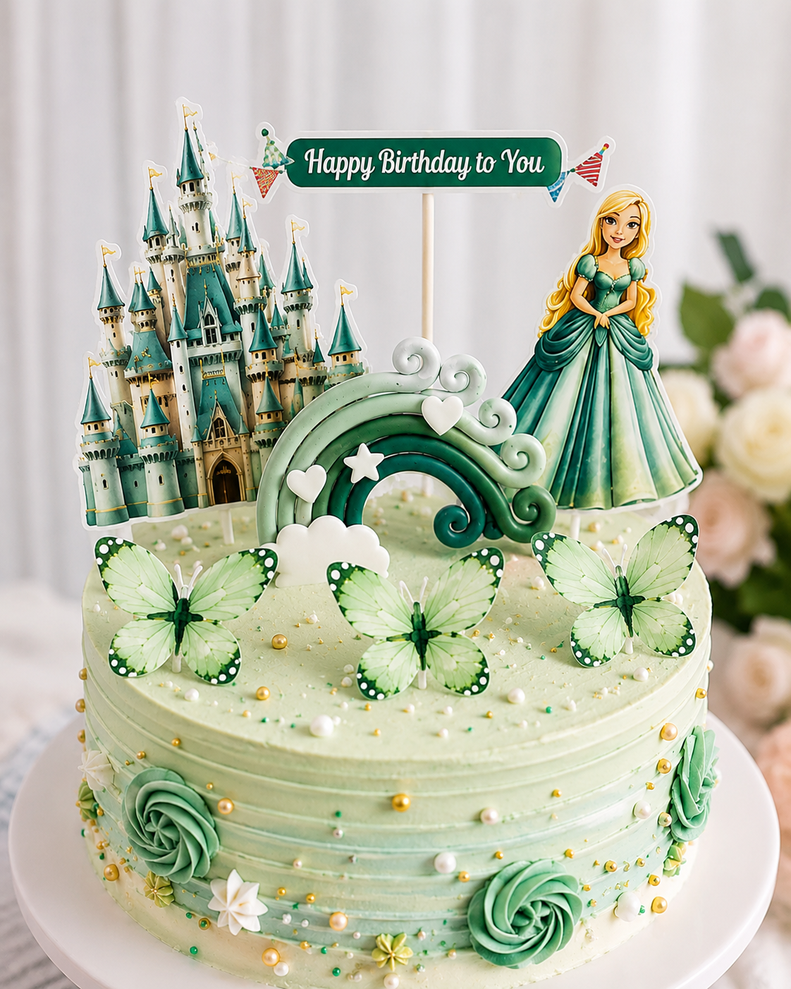 Green Princess Castle Cake Topper Set with Rainbow, Princess, Castle, 3 Butterfly & Happy Birthday Topper