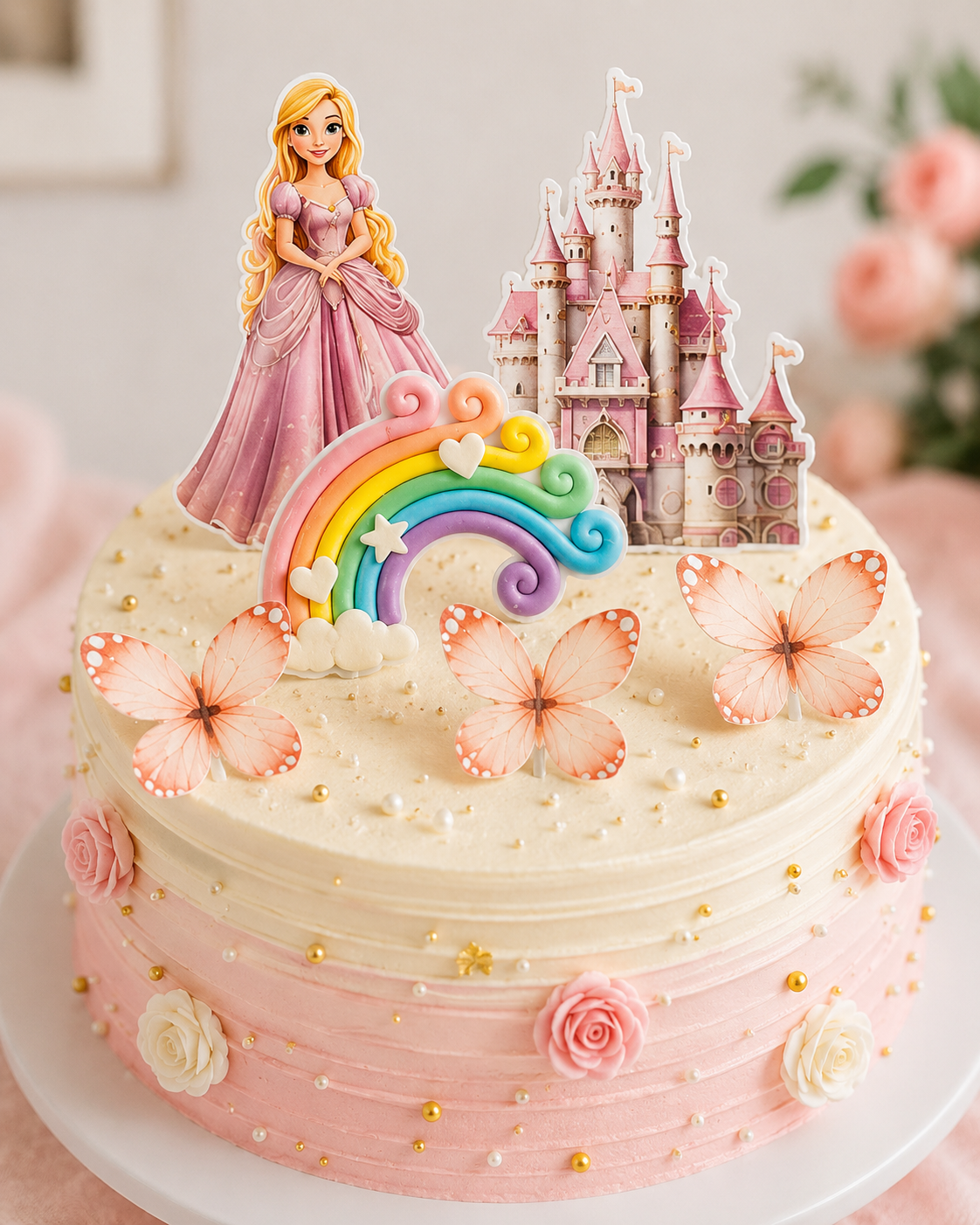 Princess Castle Rainbow Cake Topper Set with 3 Butterfly, Princess, Castle & Happy Birthday Topper