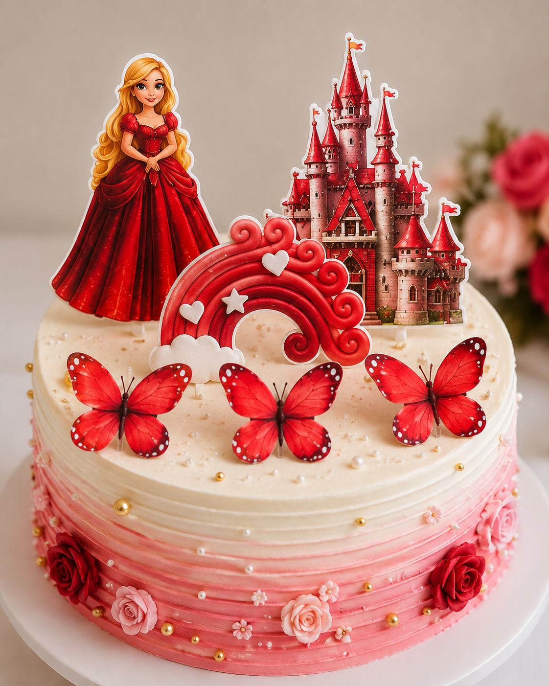 Red Princess Castle Cake Topper Set with Rainbow, Princess, Castle, 3 Butterfly & Happy Birthday Topper