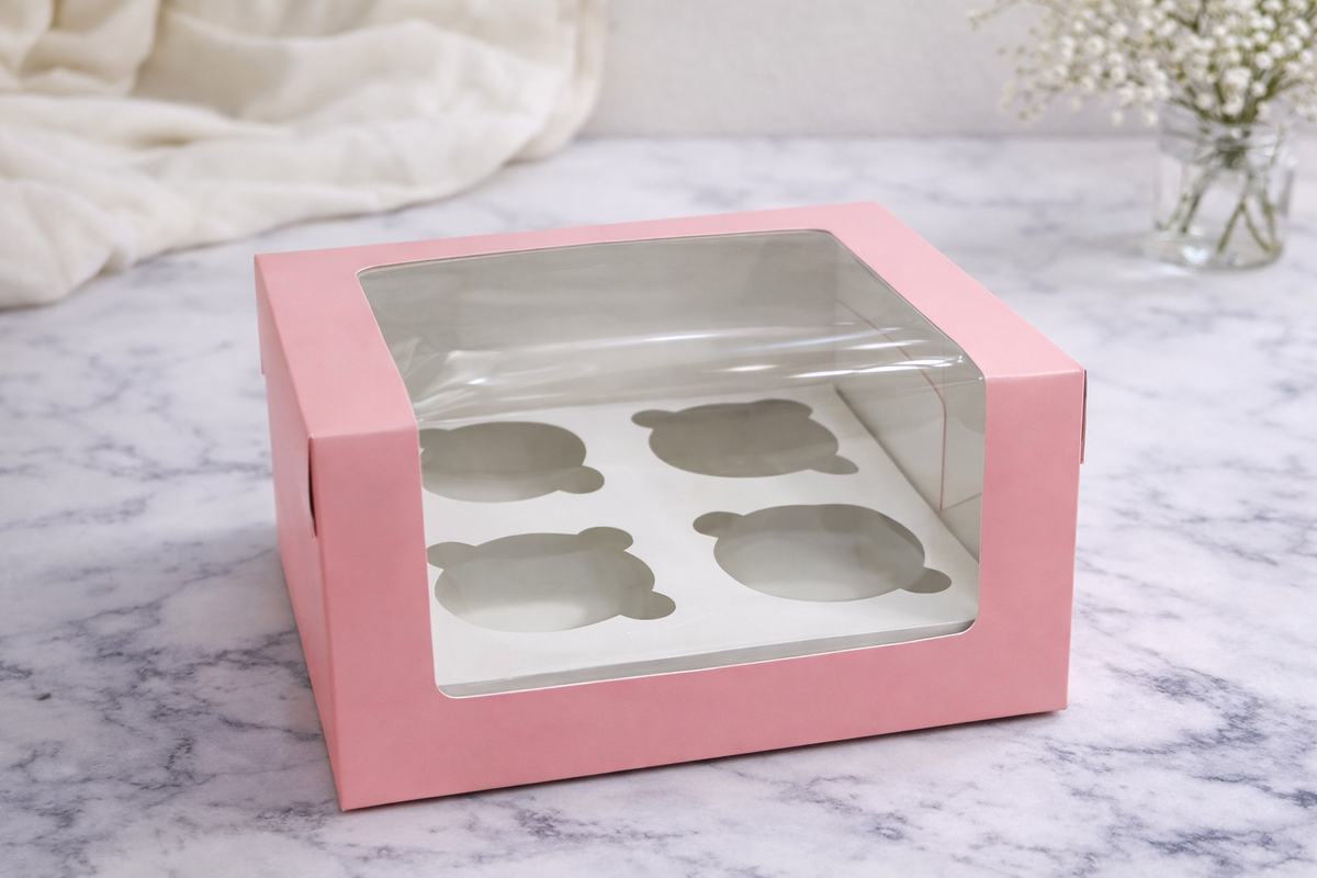 4 cavity cupcake box pink Pack of 10  (size - 6*4)