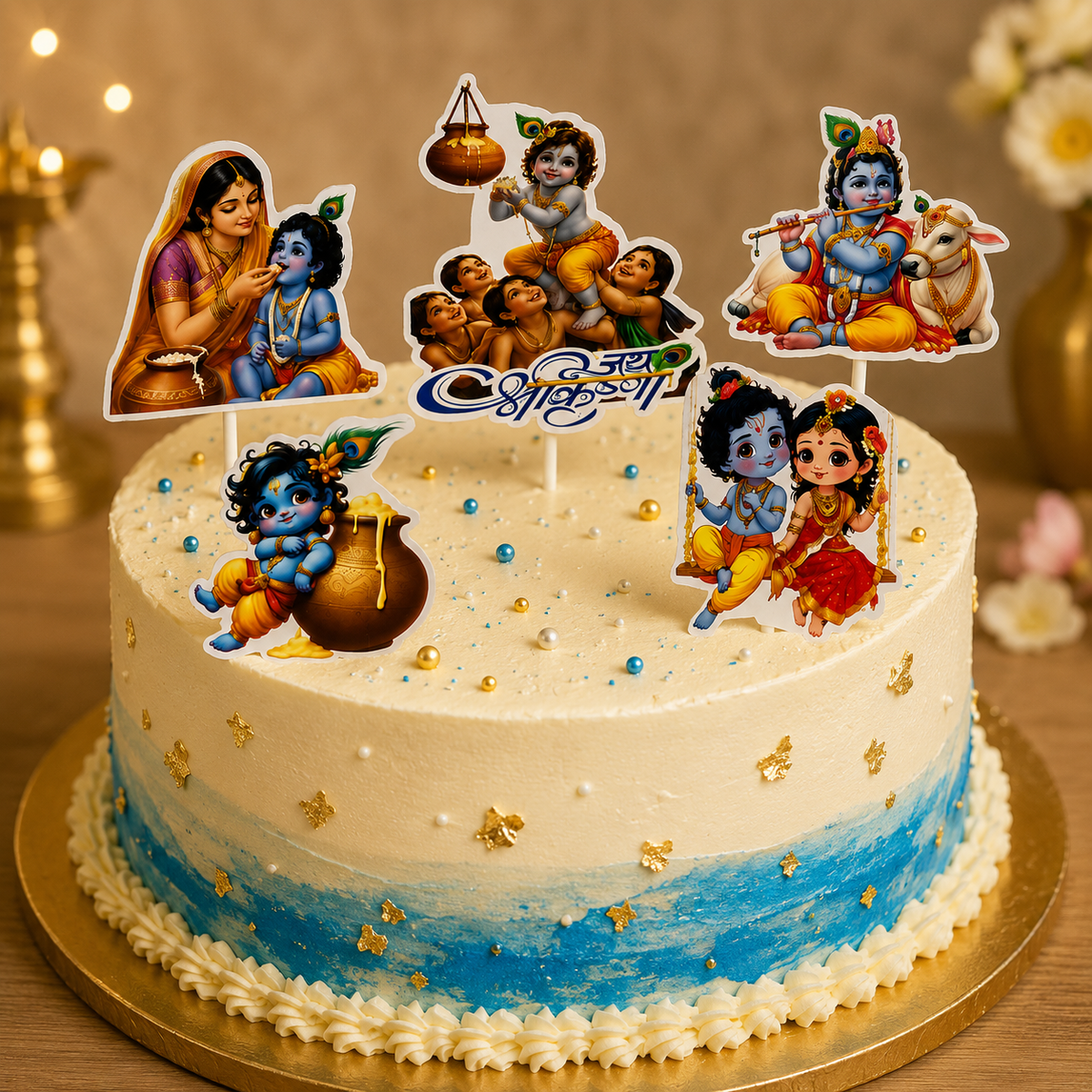 Janmashtami Theme Cake Topper Set - Krishna Devotional Party Decoration Kit