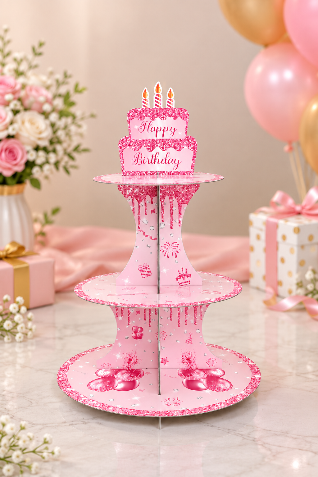 3 Tier Cupcake Stand With Happy Brithday Display