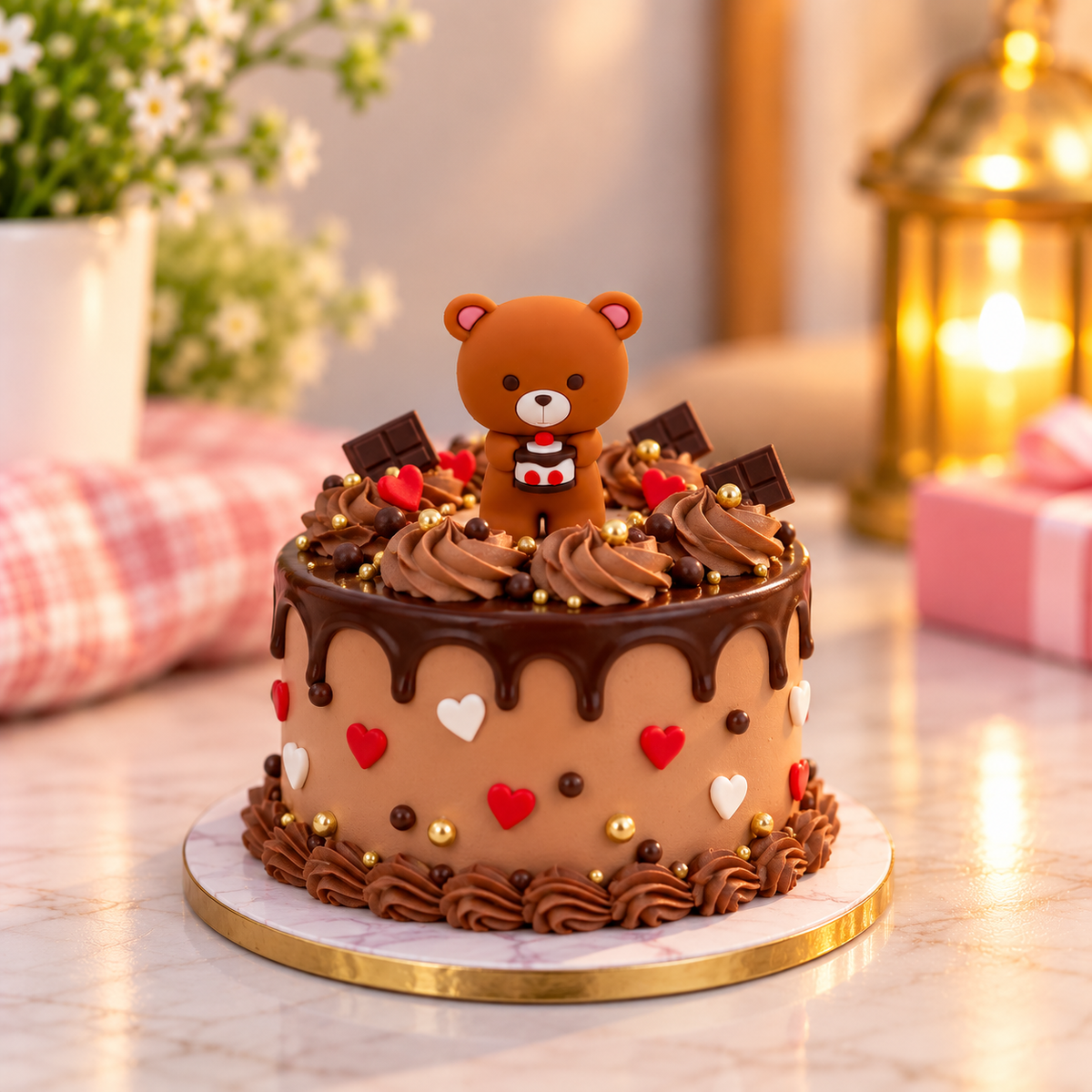 Brown Teddy Bear Toy with Mini Cake