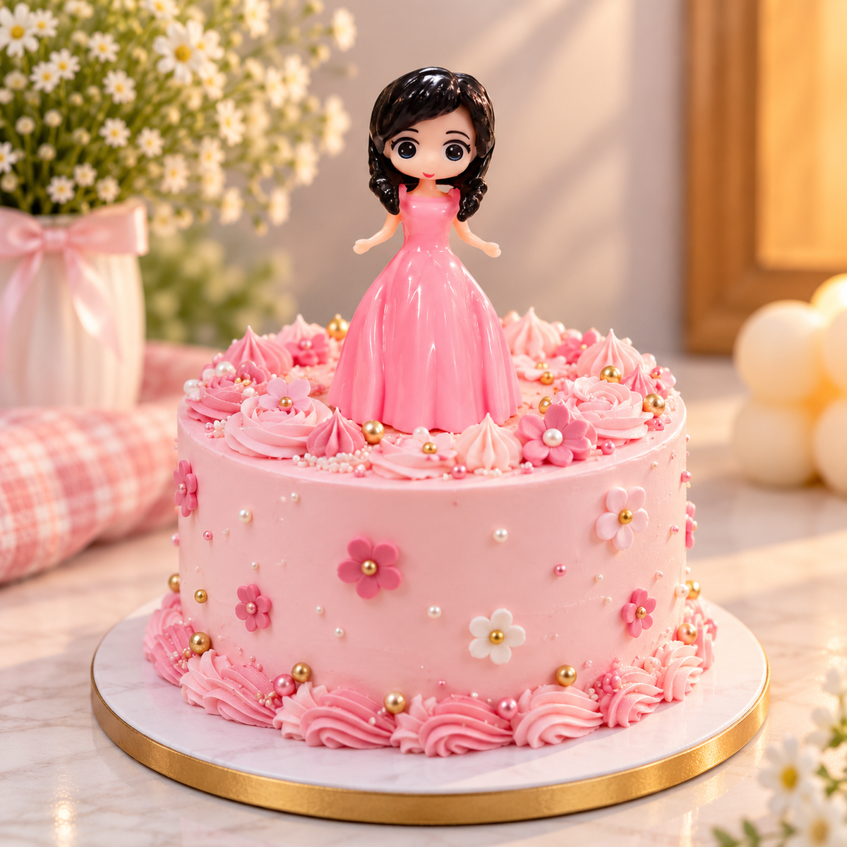 Pink Dress Girl Doll For Cake Decoration