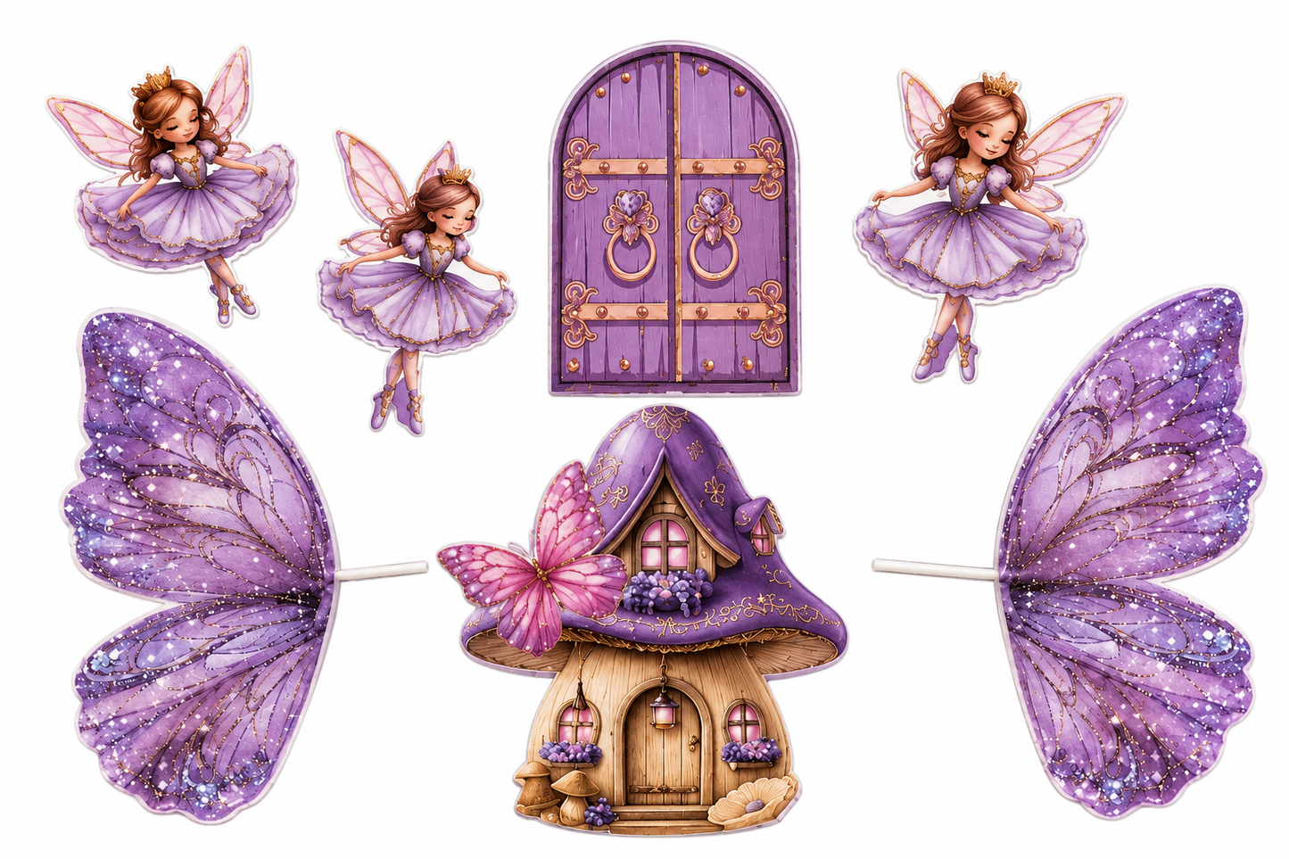 Lavender Fairy Theme Cake Topper Set with 3 Fairy Toppers & Butterfly Wings