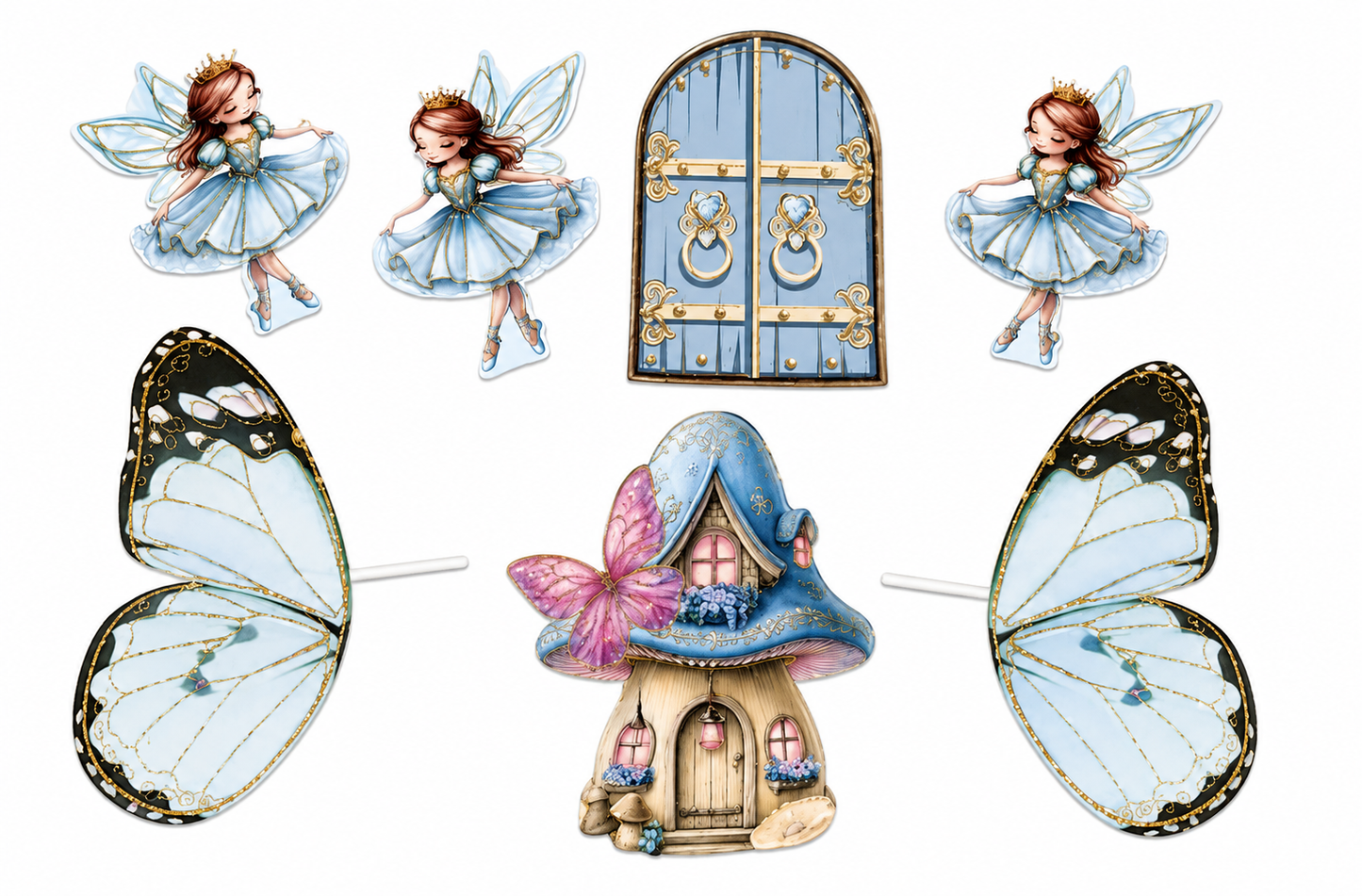 Fairy Door Cake Topper Set with Butterfly Wings & Mushroom House