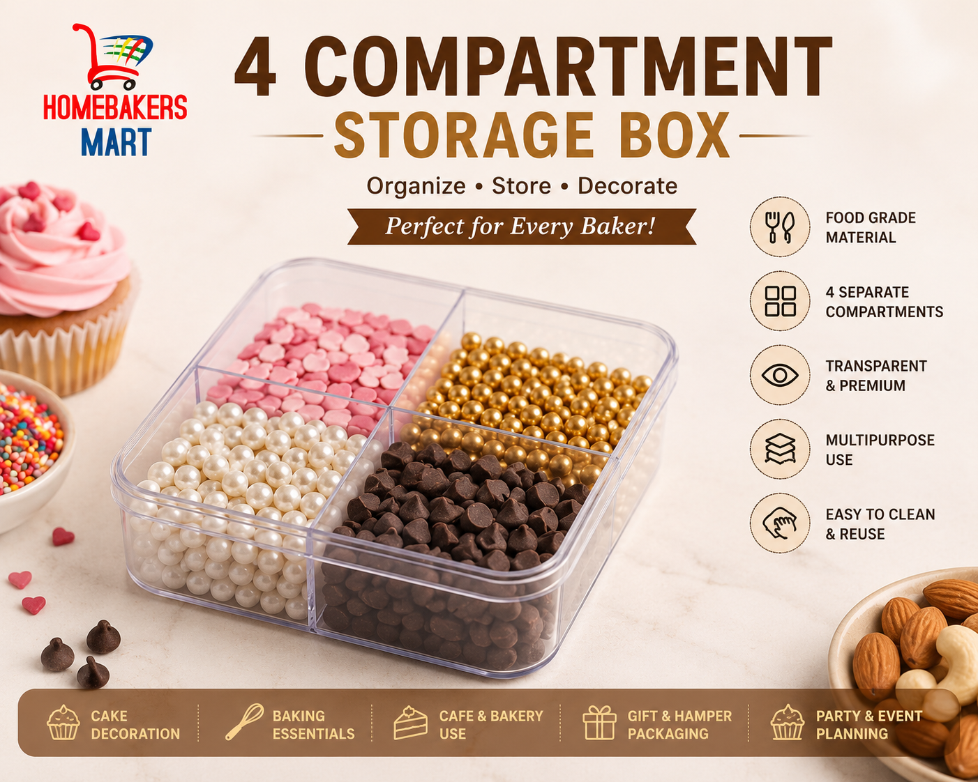 4 Section Acrylic Box Pack Of 5 Size - 12.6x12.6x4.7 cm (Cube PT)