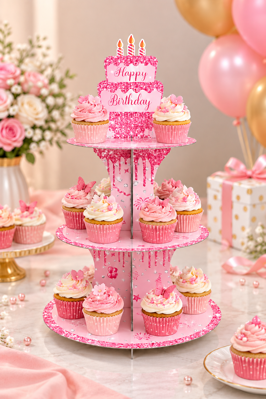 3 Tier Cupcake Stand With Happy Brithday Display