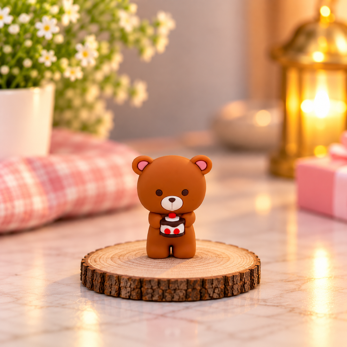 Brown Teddy Bear Toy with Mini Cake