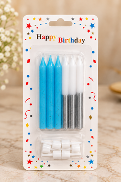 Blue & Silver Candles with Holders Set Pack of 6