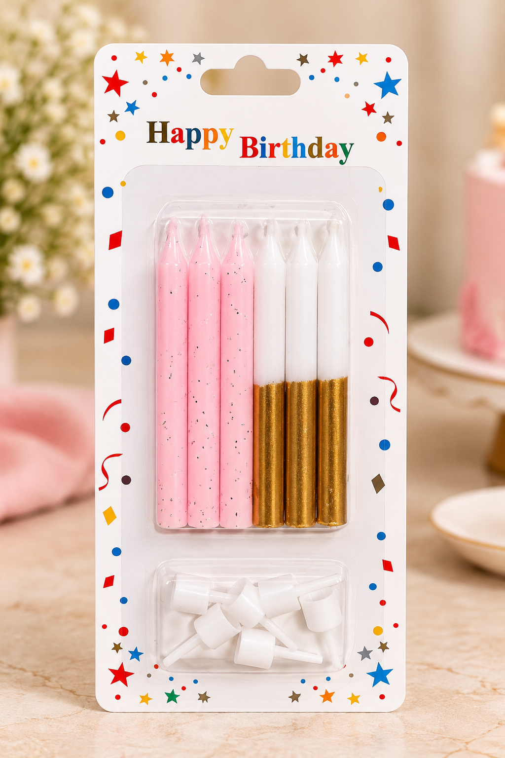 Pink & Gold Candles with Holders Set Pack of 6