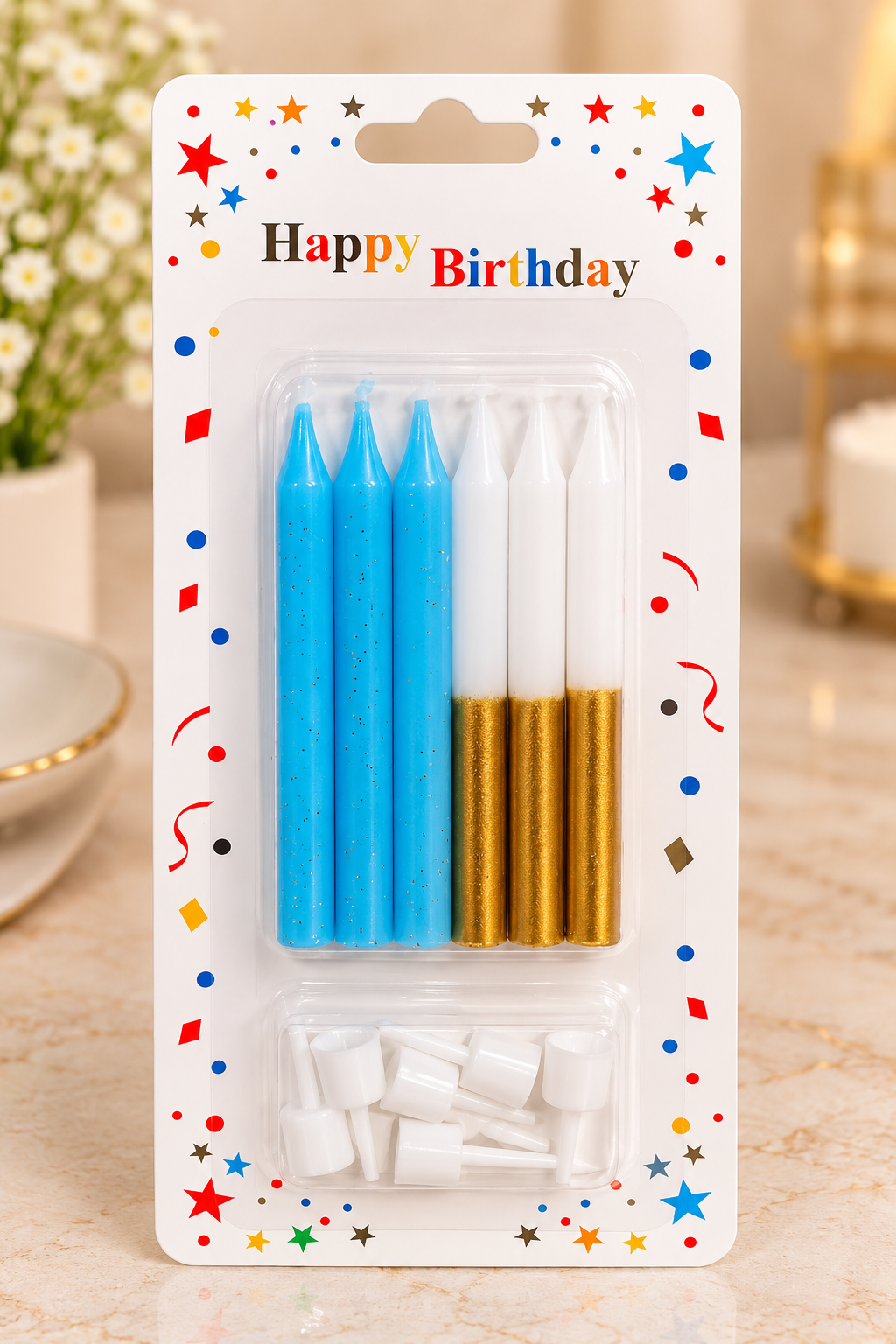 Blue & Gold Candles with Holders Set of 6