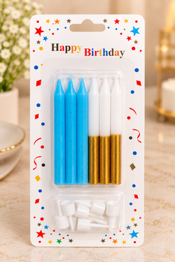 Blue & Gold Candles with Holders Set of 6