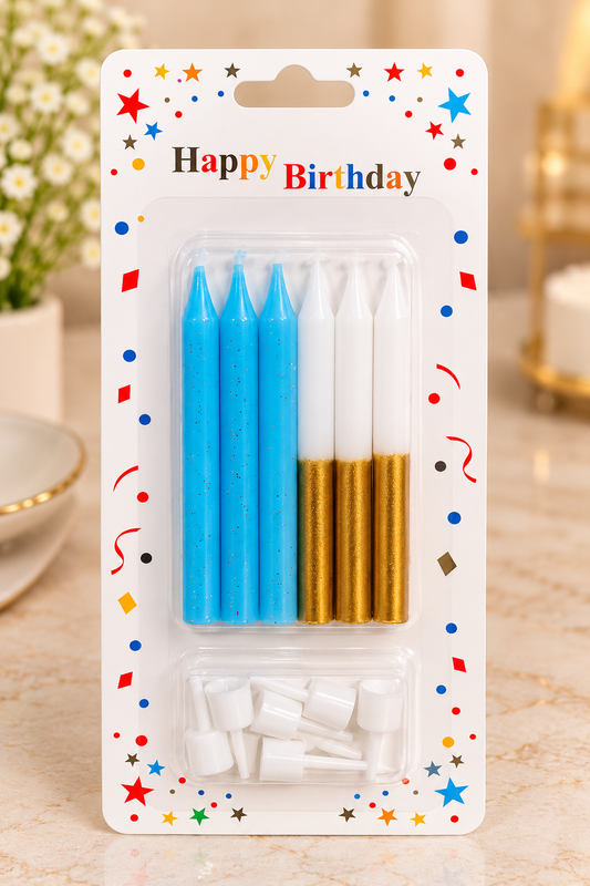Blue & Gold Candles with Holders Set of 6