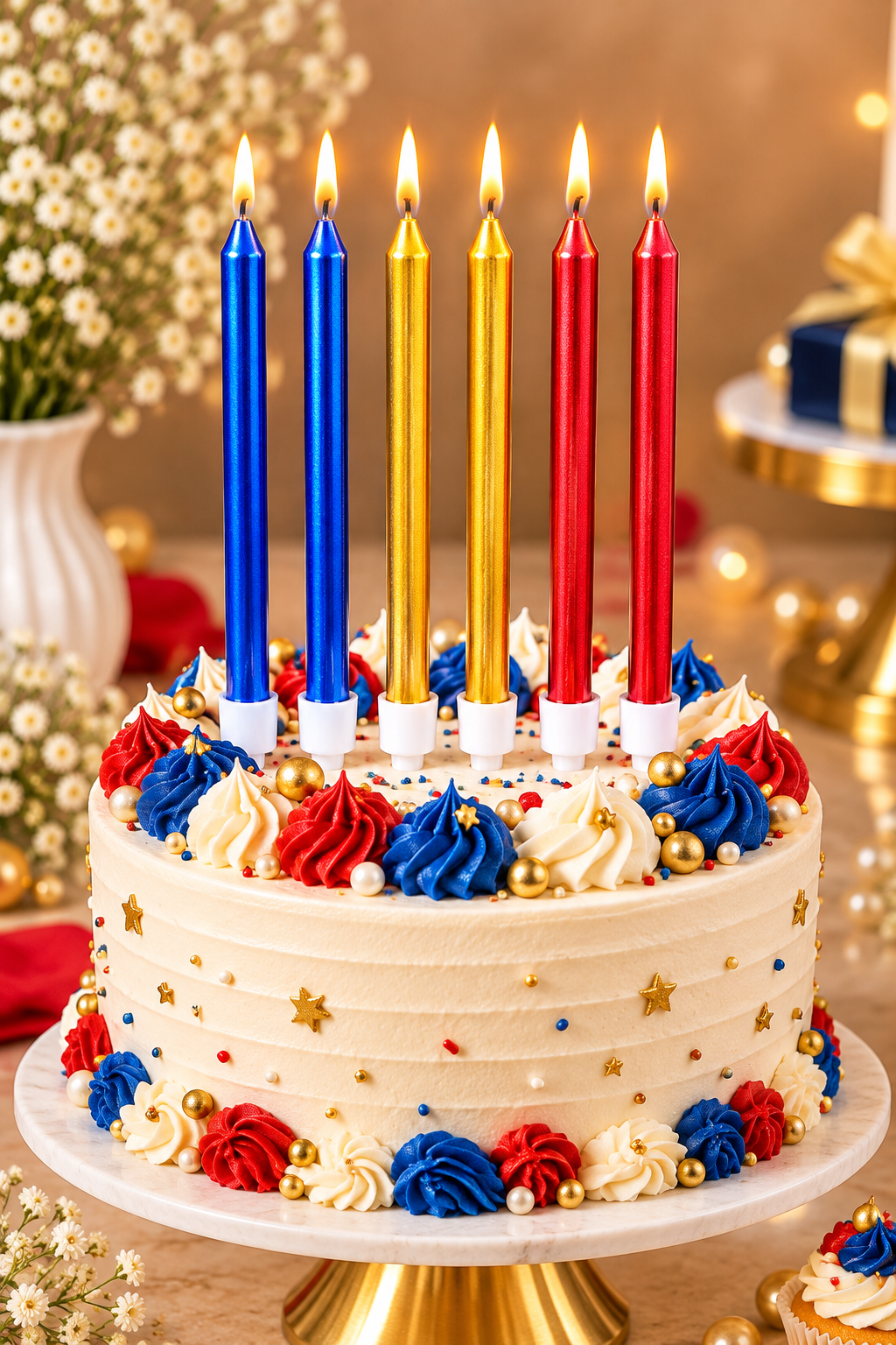 Metallic Blue, Gold and Red Candles Set Pack of 6