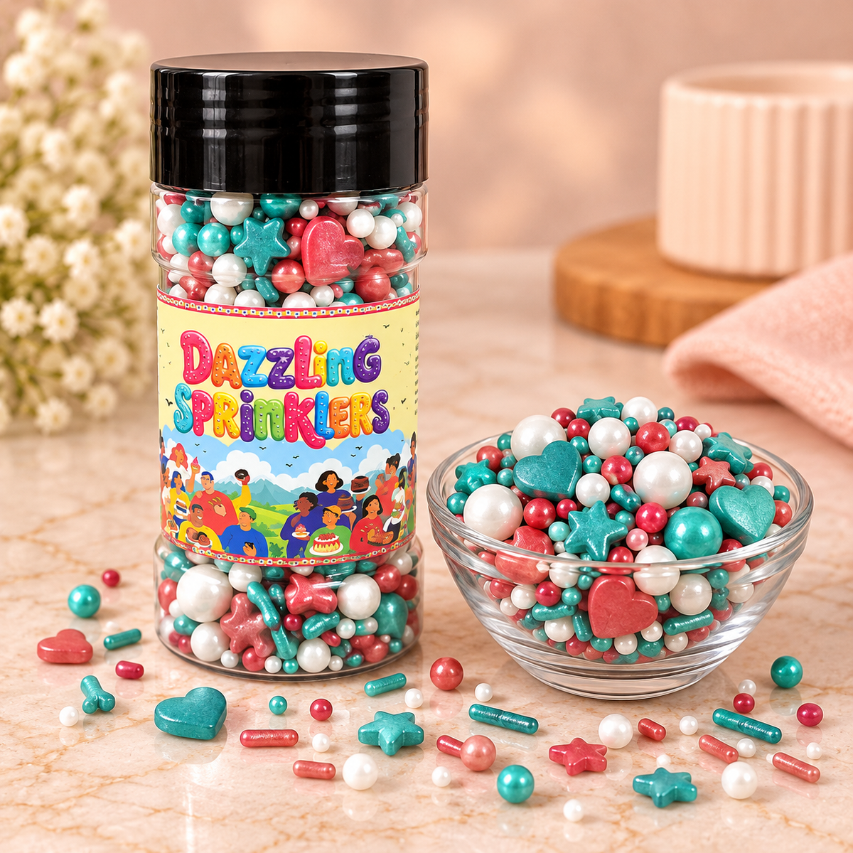 Pankraft Teal Star, Red Heart & White Pearl Mix Dazzling Sprinklers 100gm